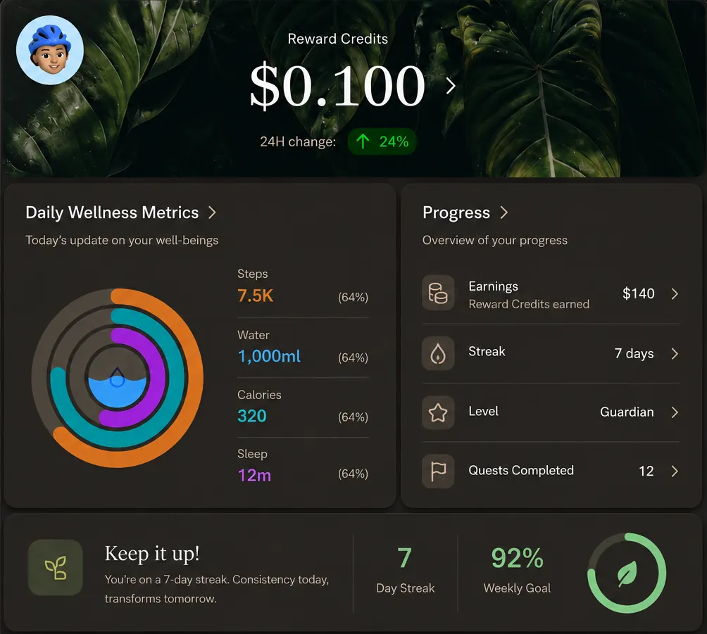 DAOasis Companion App — Daily Wellness Metrics, Progress and 7-Day Streak