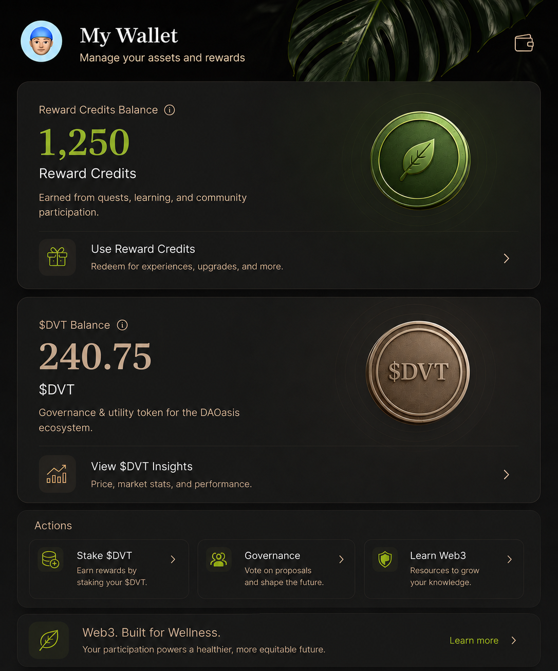 DAOasis My Wallet — Reward Credits balance and $DVT balance