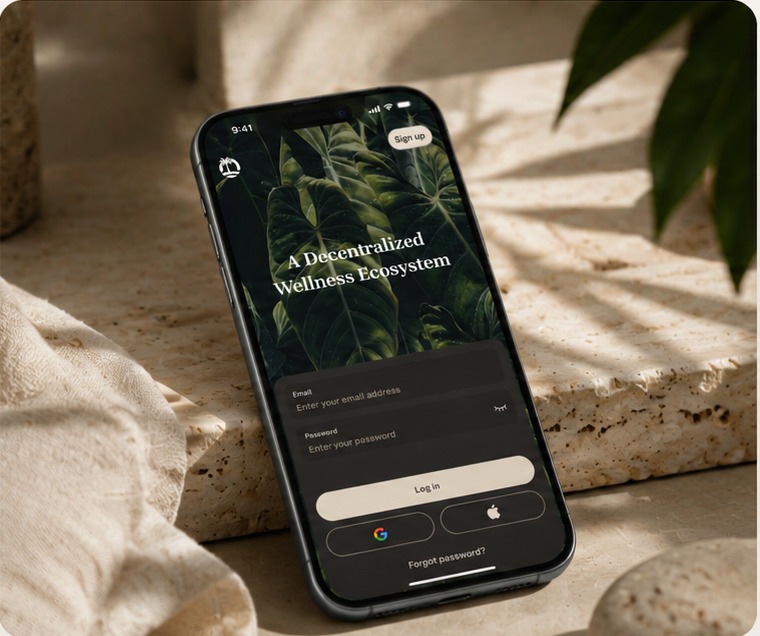 DAOasis Companion App resting on a sunlit travertine ledge